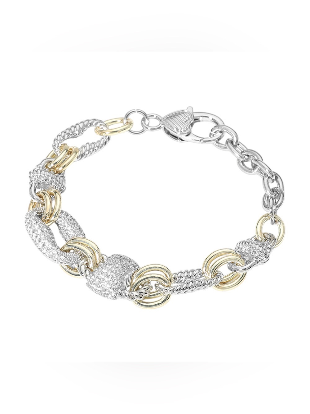 14K Gold Plated Two Tone CZ Stone Paved Ring Link Bracelet